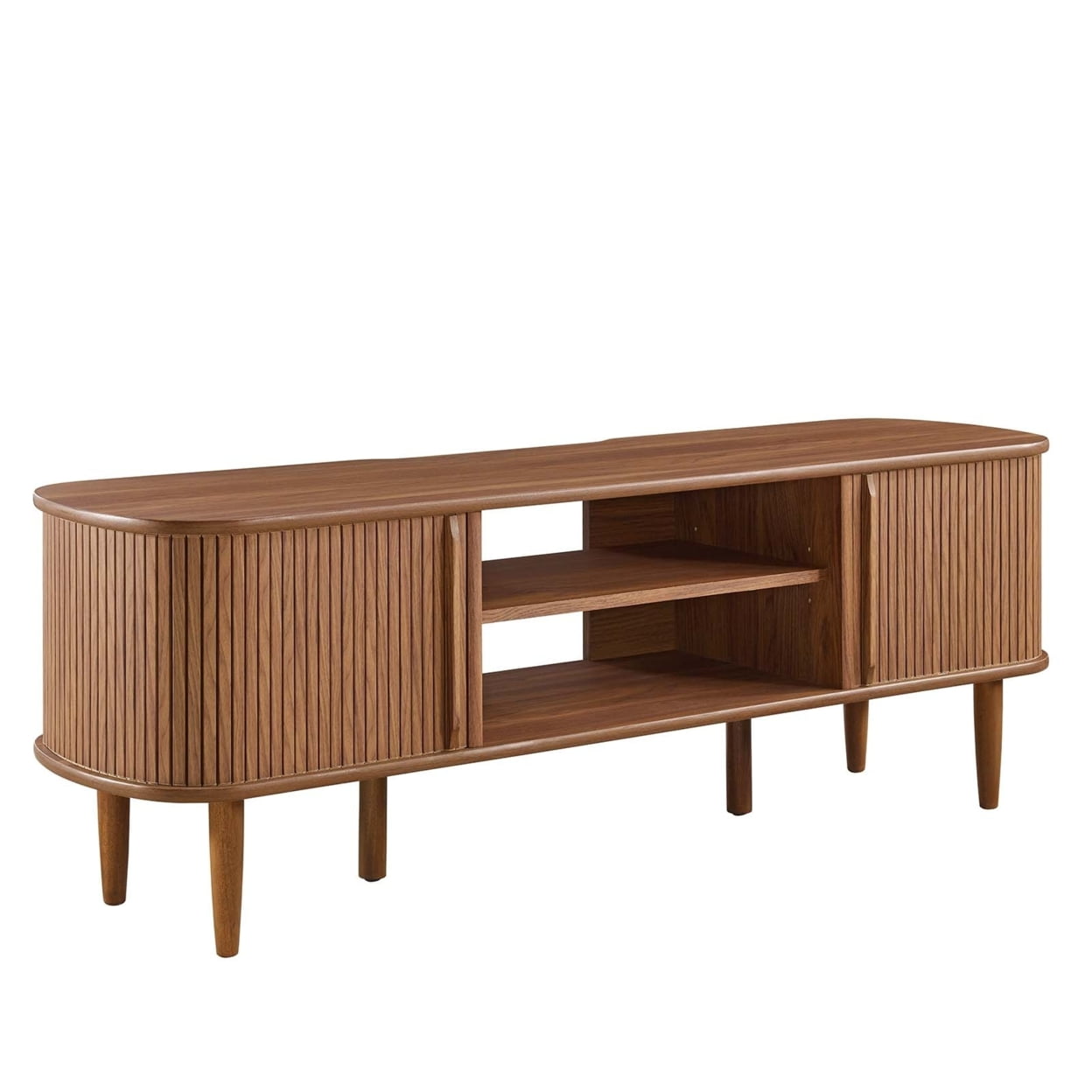 Mid-Century Walnut 55" TV Stand with Adjustable Shelf and Sliding Doors