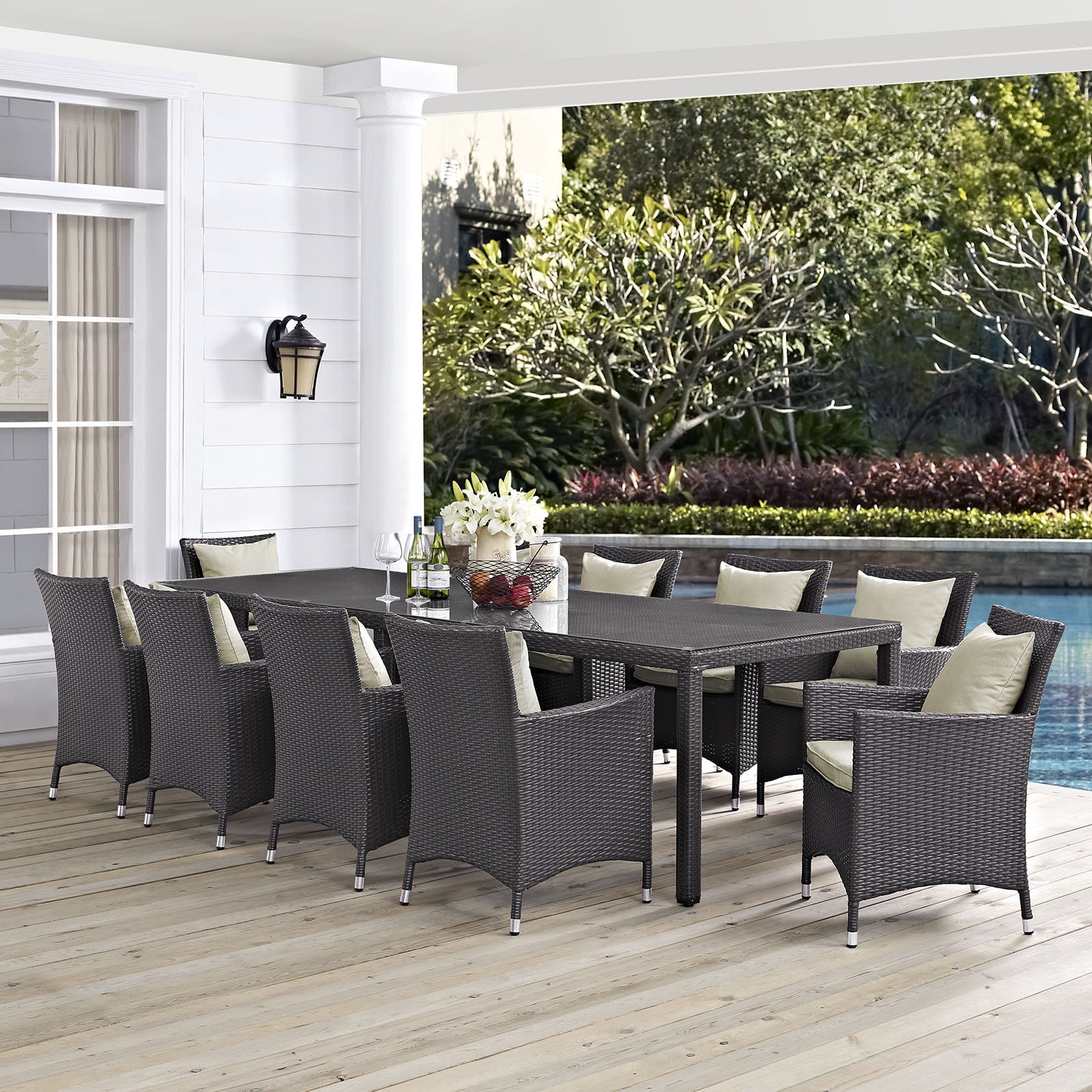 Espresso Beige Synthetic Rattan 11-Piece Outdoor Dining Set