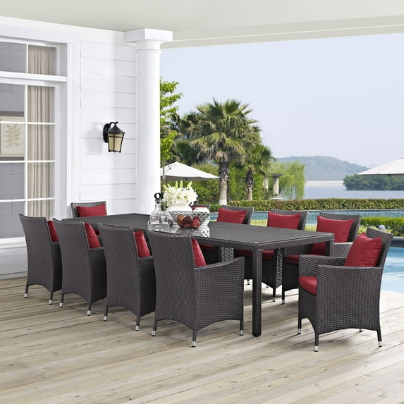 Modway Convene 11-Piece Aluminum and Rattan Patio Dining Set in Espresso/Red