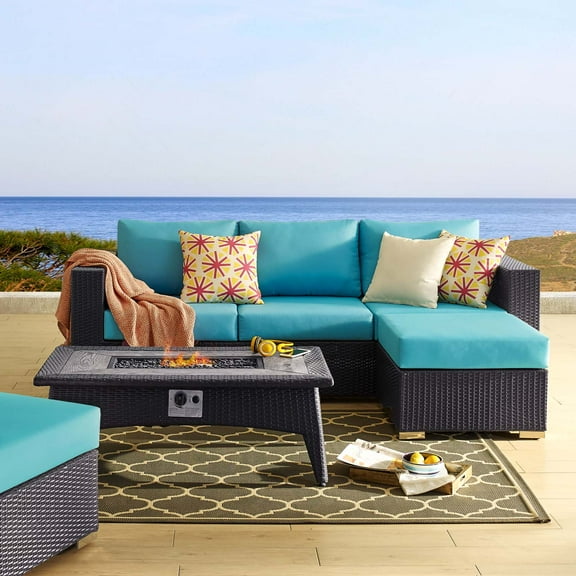 Modway Convene 3 Piece Set Outdoor Patio with Fire Pit in Espresso Turquoise