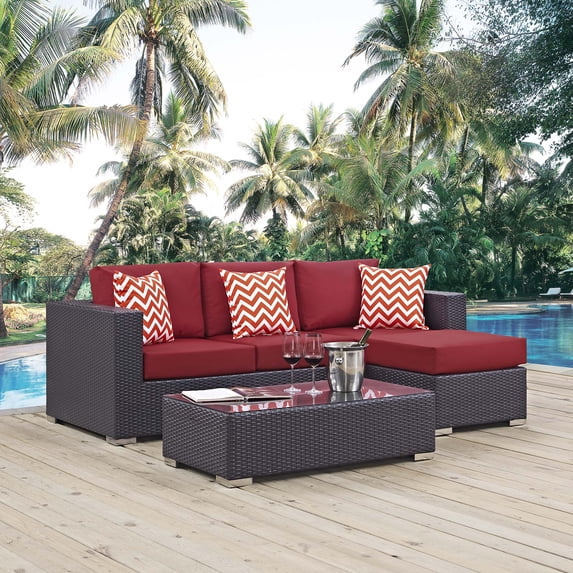Modway Convene 3 Piece Outdoor Patio Sofa Set in Espresso Red