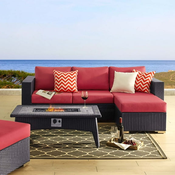 Modway Convene 3 Piece Set Outdoor Patio with Fire Pit in Espresso Red