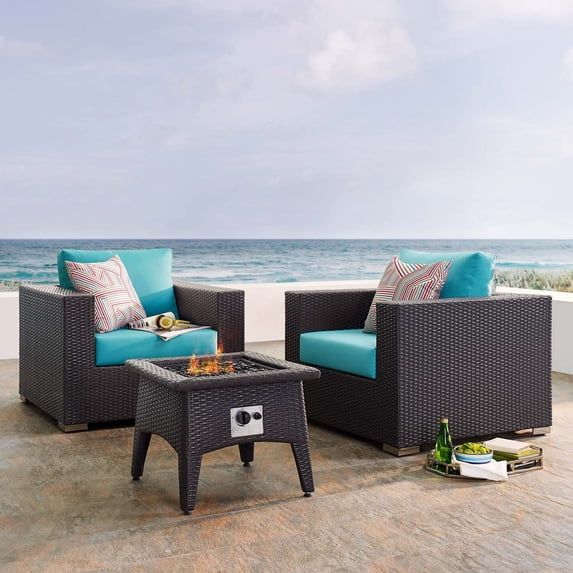 Modway Convene 3 Piece Set Outdoor Patio with Fire Pit in Espresso Turquois