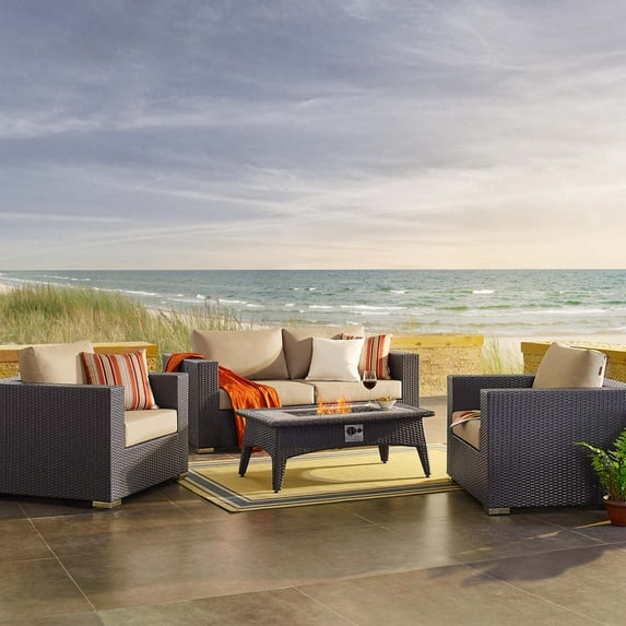 Modway Convene 4 Piece Set Outdoor Patio with Fire Pit in Espresso Beige