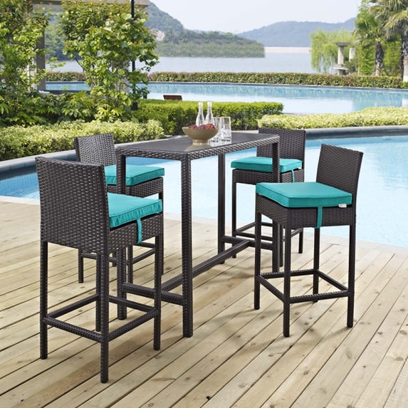Modway Convene 5 Piece Outdoor Patio Pub Set in Espresso Turquoise