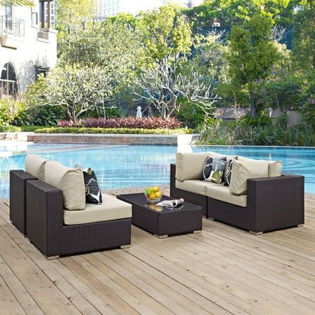 Modway Convene 5 Piece Outdoor Patio Sectional Set in Espresso Beige