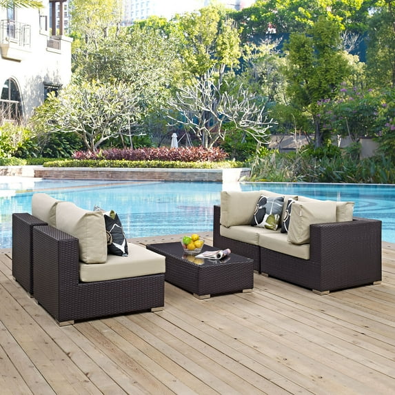 Modway Convene 5 Piece Outdoor Patio Sectional Set in Espresso Beige