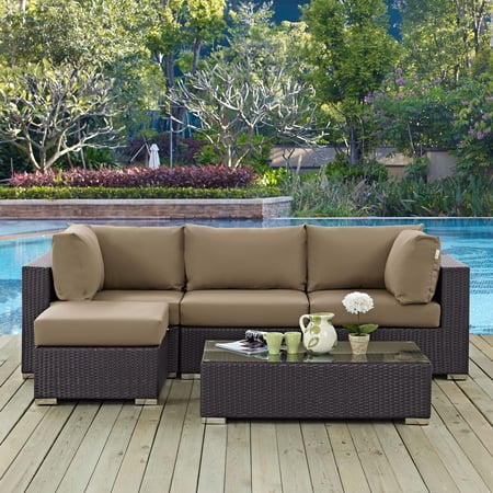 Modway Convene 5-Piece Aluminum and Rattan Patio Sectional Set in Mocha/Espresso