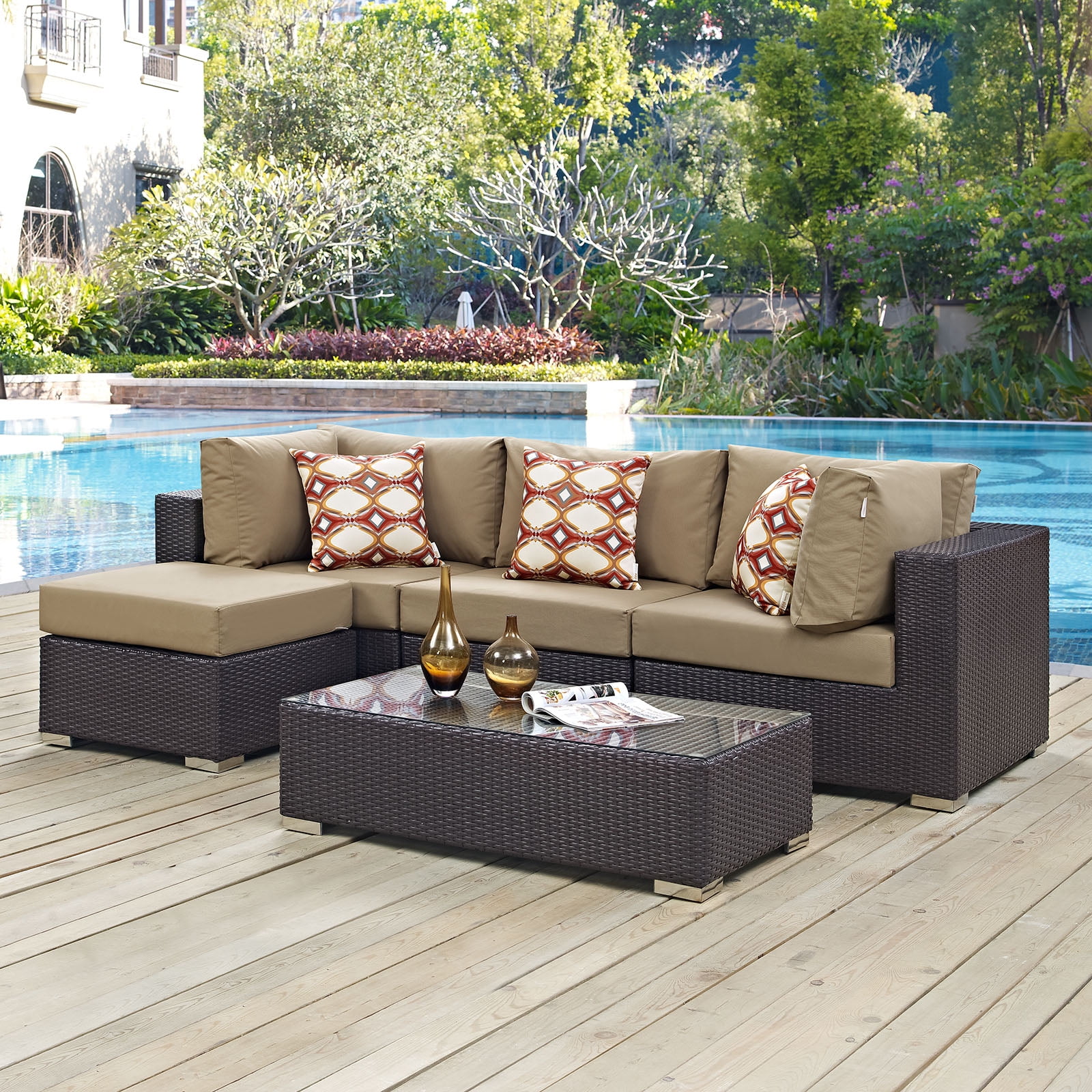 Espresso Mocha 5-Piece Outdoor Patio Sectional Set with Rattan Weave