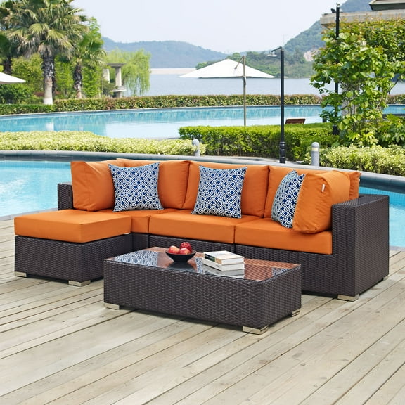Modway Convene 5 Piece Outdoor Patio Sectional Set in Espresso Orange