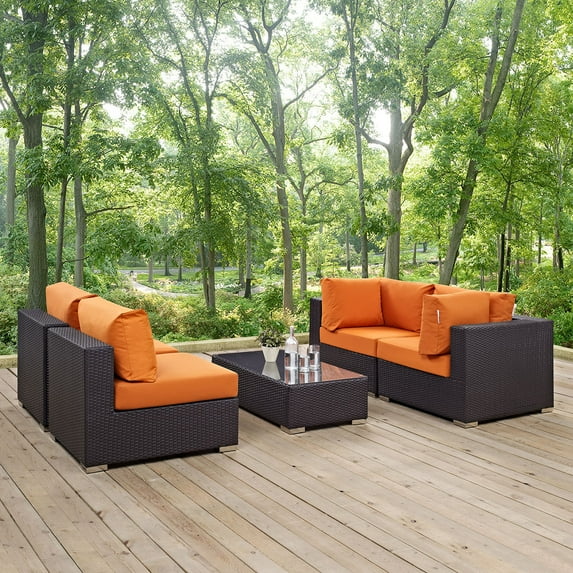 Modway Convene 5 Piece Outdoor Patio Sectional Set in Espresso Orange