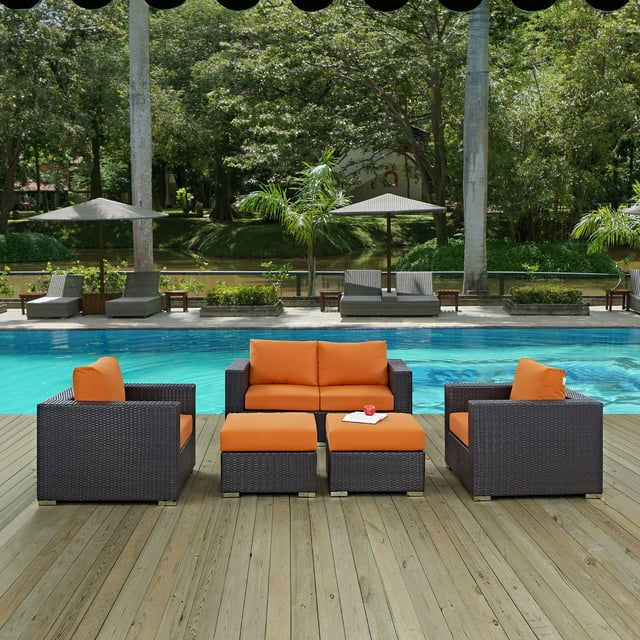 Modway Convene 5 Piece Outdoor Patio Sofa Set in Espresso Orange