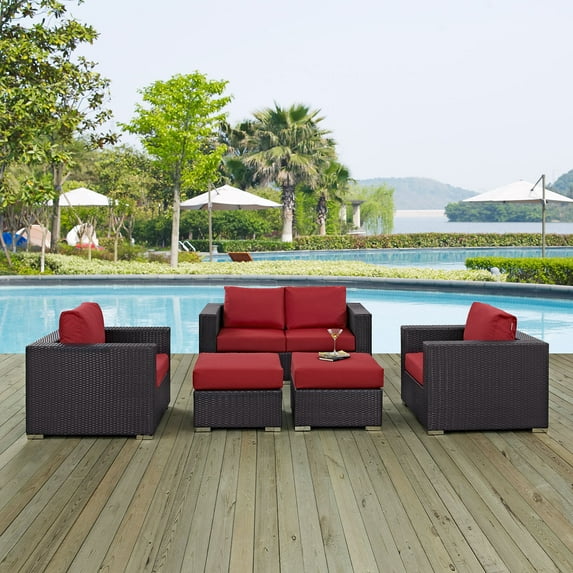 Modway Convene 5 Piece Outdoor Patio Sofa Set in Espresso Red
