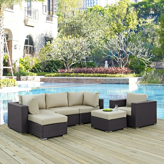 Modway Convene 6 Piece Outdoor Patio Sectional Set in Espresso Beige