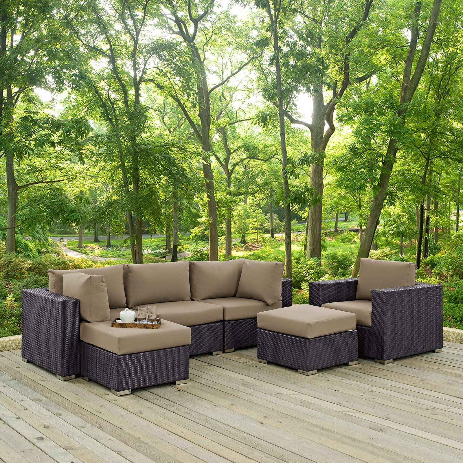 Modway Convene 6 Piece Outdoor Patio Sectional Set in Espresso Mocha