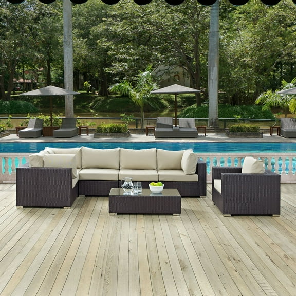Modway Convene 7 Piece Outdoor Patio Sectional Set in Espresso Beige