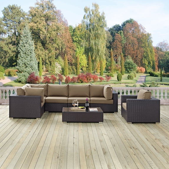 Modway Convene 7 Piece Outdoor Patio Sectional Set in Espresso Mocha