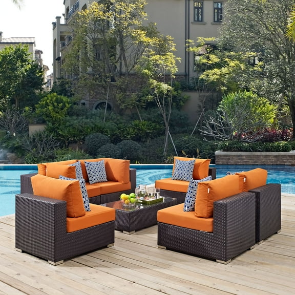 Modway Convene 7 Piece Outdoor Patio Sectional Set in Espresso Orange