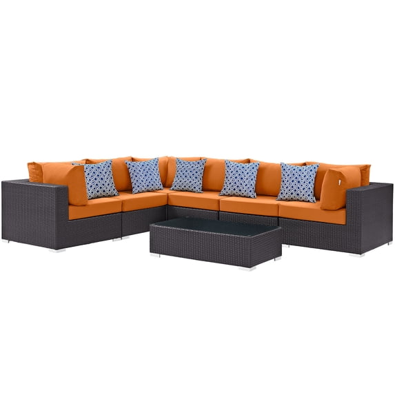 Modway Convene 7 Piece Outdoor Patio Sectional Set in Expresso Orange