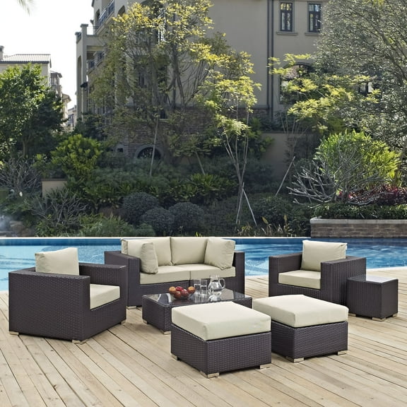 Modway Convene 8 Piece Outdoor Patio Sectional Set in Espresso Beige