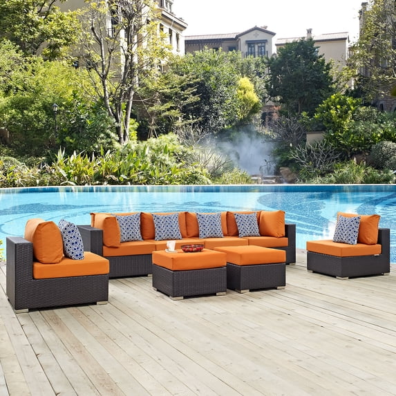 Modway Convene 8-Piece Synthetic Rattan Weave Sectional Set in Espresso/Orange