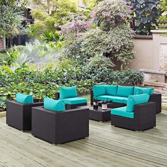 Modway Convene 8 Piece Outdoor Patio Sectional Set in Espresso Turquoise