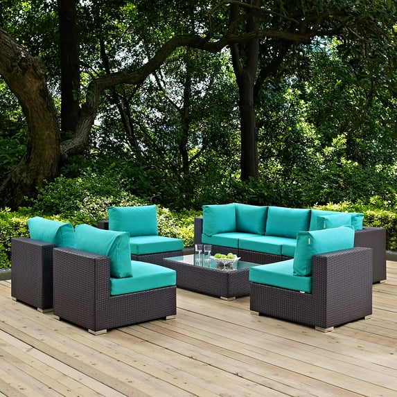 Modway Convene 8 Piece Outdoor Patio Sectional Set in Espresso Turquoise