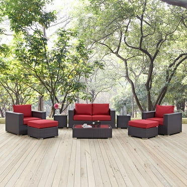 Modway Convene 8 Piece Outdoor Patio Sofa Set in Espresso Red