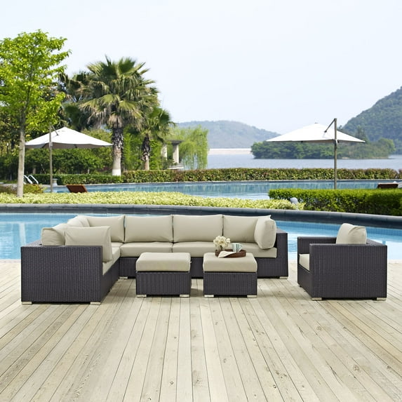 Modway Convene 9 Piece Outdoor Patio Sectional Set in Espresso Beige