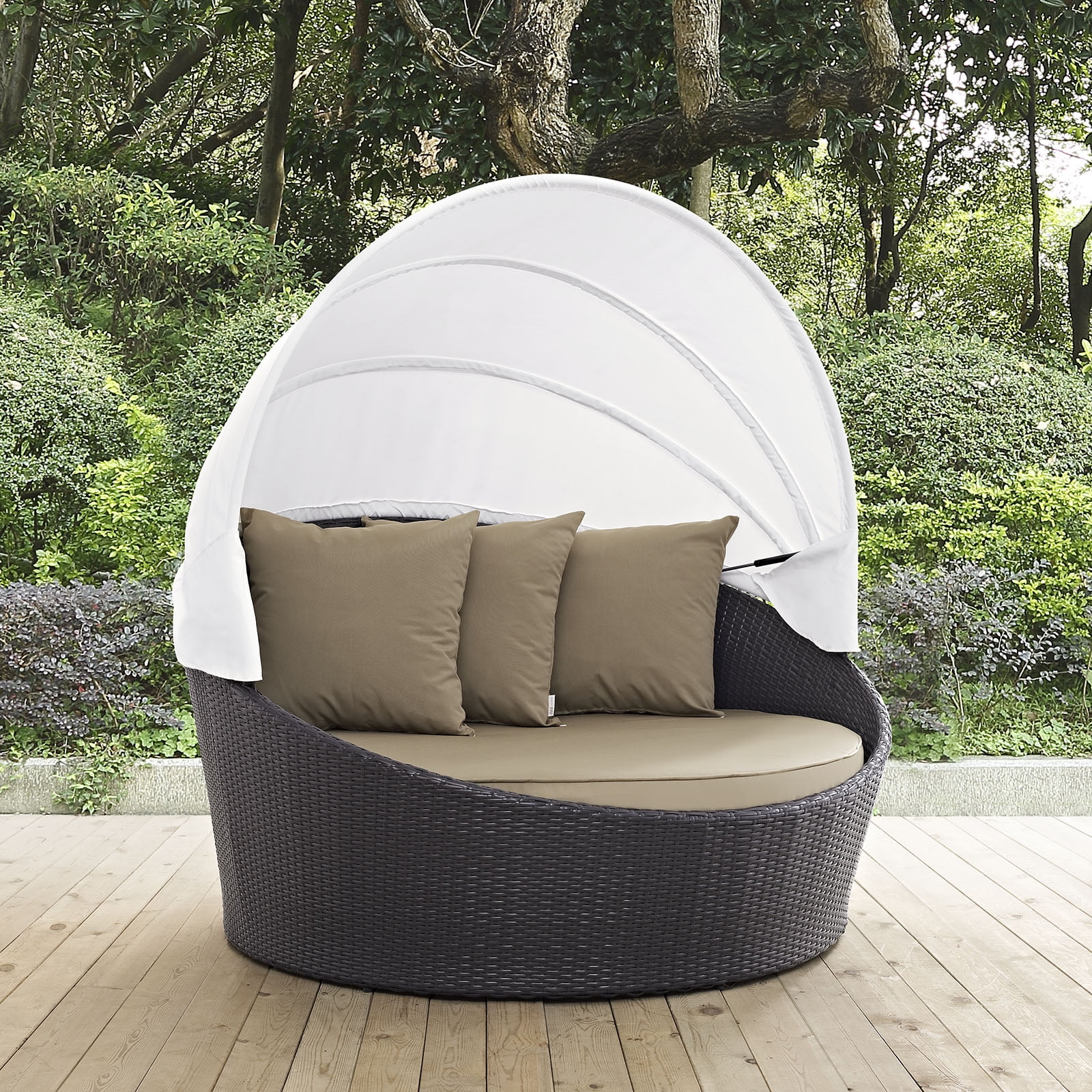 Espresso Mocha Round Wicker Rattan Outdoor Patio Daybed with Canopy