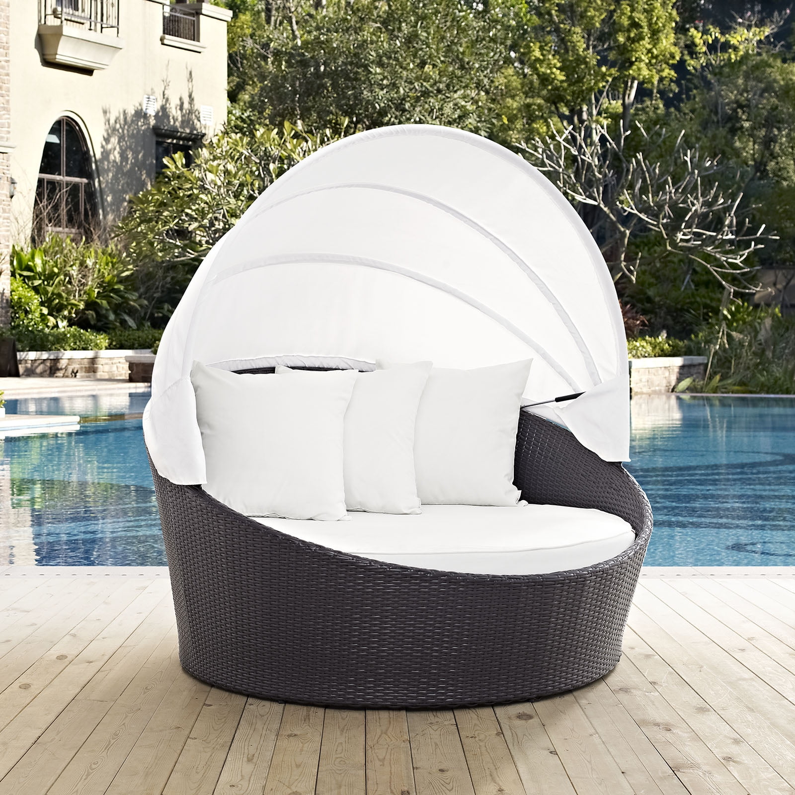 Costway Patio Rattan Daybed Lounge Retractable Top Canopy Side Tables Cushions Red