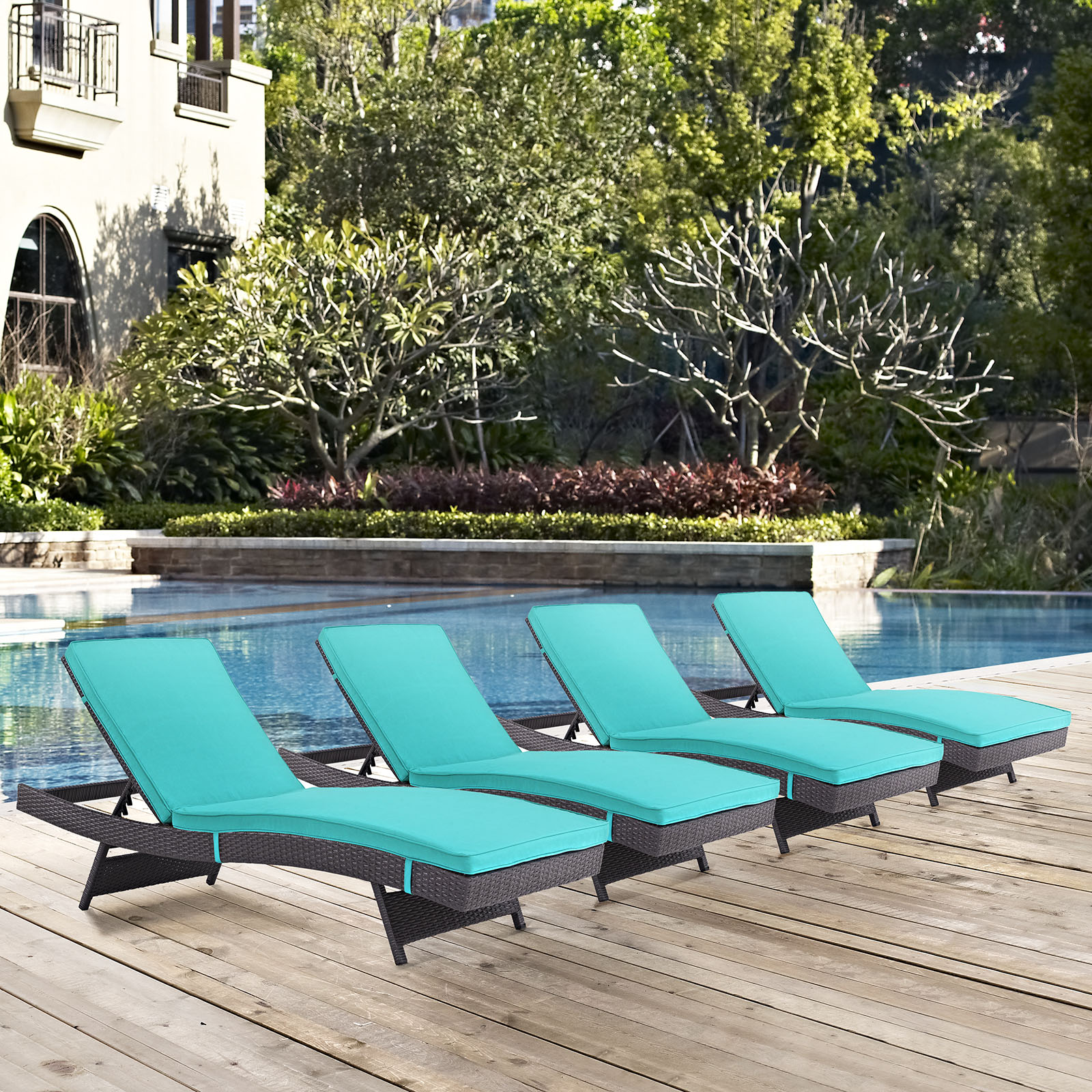 Modway Convene Chaise Outdoor Patio Set of 4 in Espresso Turquoise - image 1 of 5
