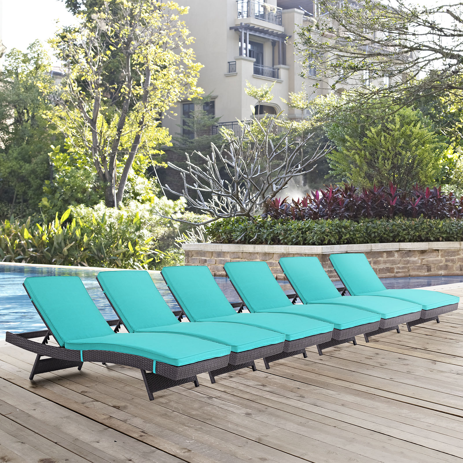 Modway Convene Chaise Outdoor Patio Set of 6 in Espresso Turquoise - image 1 of 5