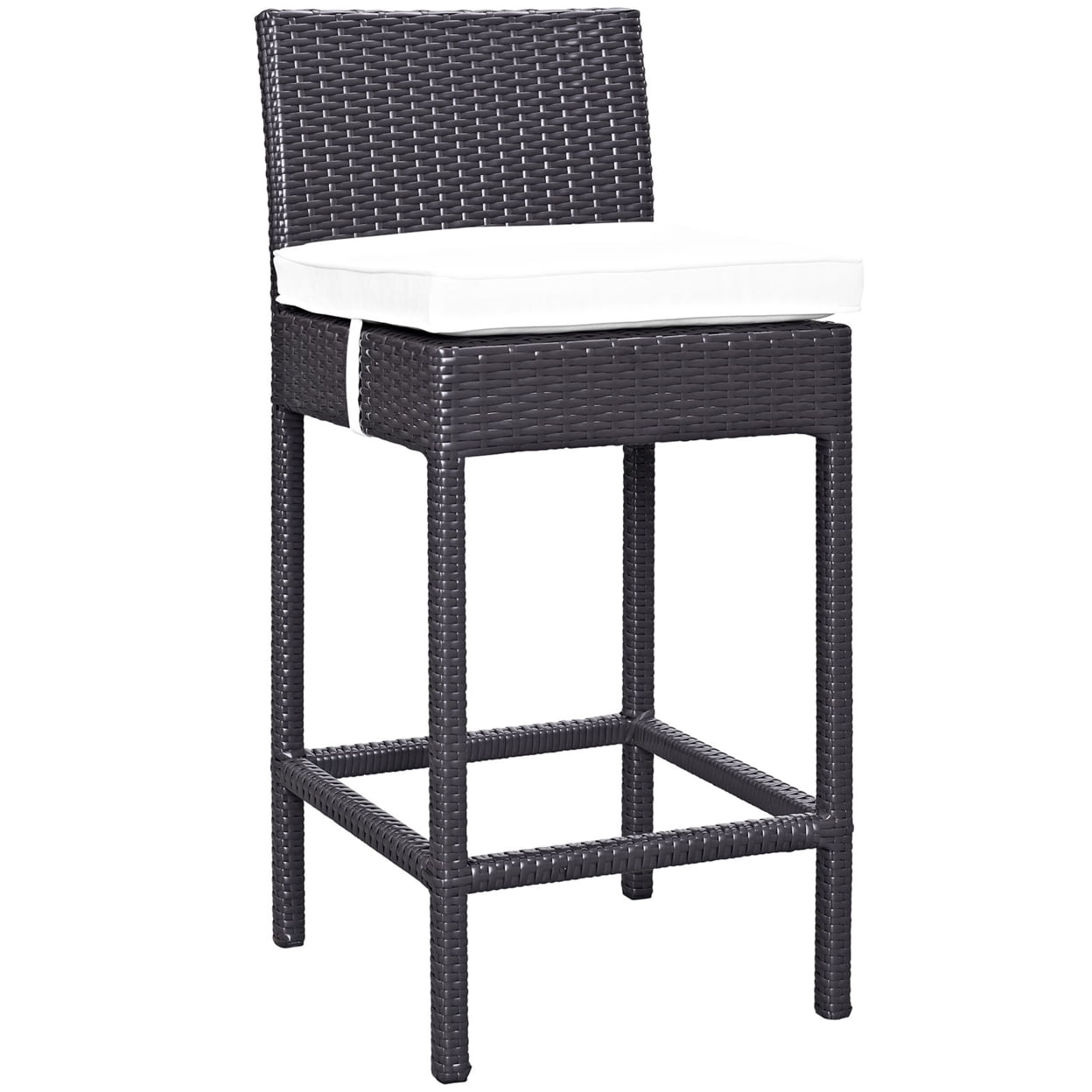 Espresso White Wicker Rattan Outdoor Bar Stool with Beige Cushion