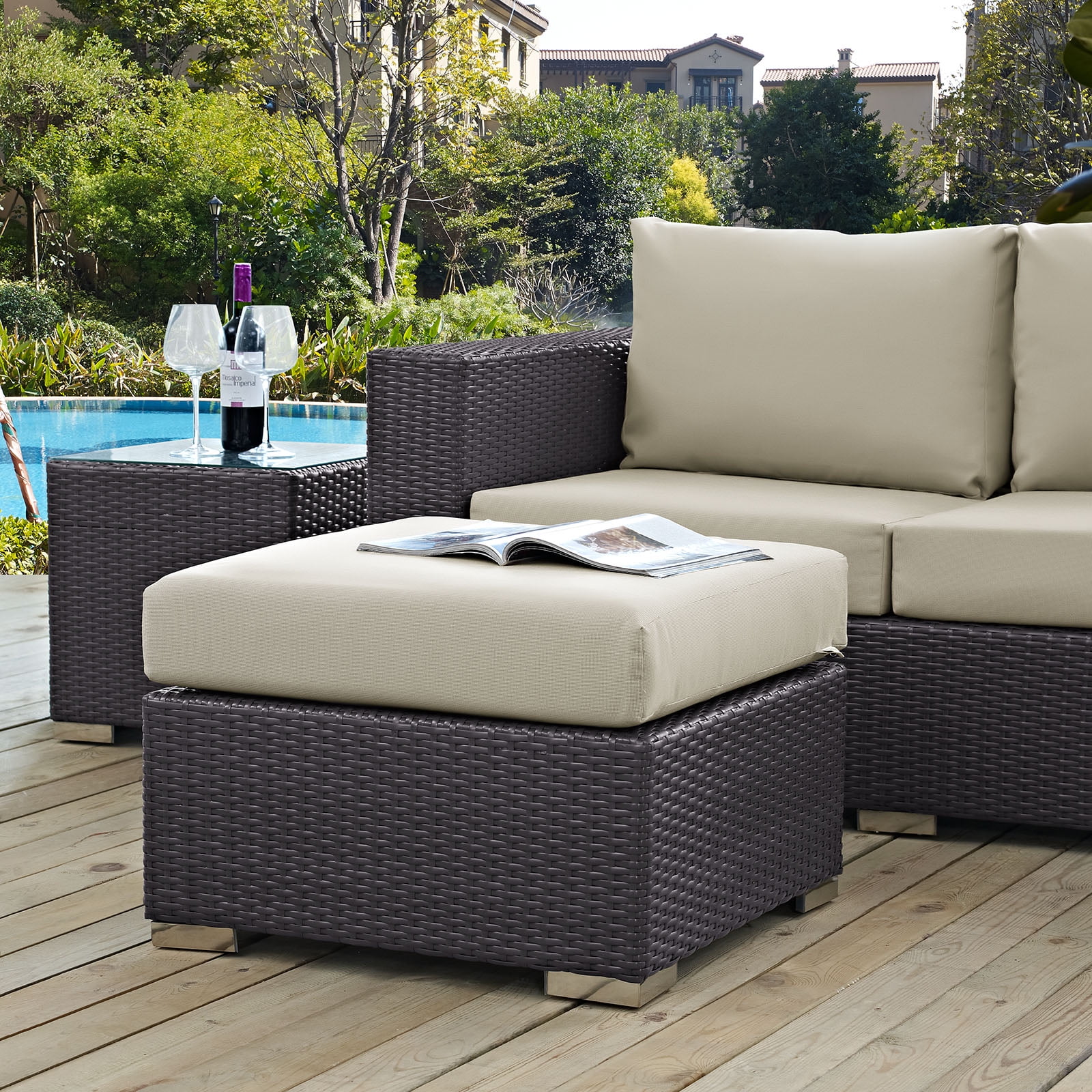 Beige Rattan Square Outdoor Ottoman with Powder-Coated Frame