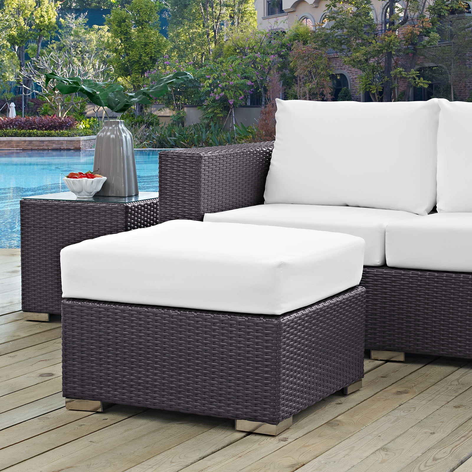 Espresso White Wicker Rattan Outdoor Patio Ottoman