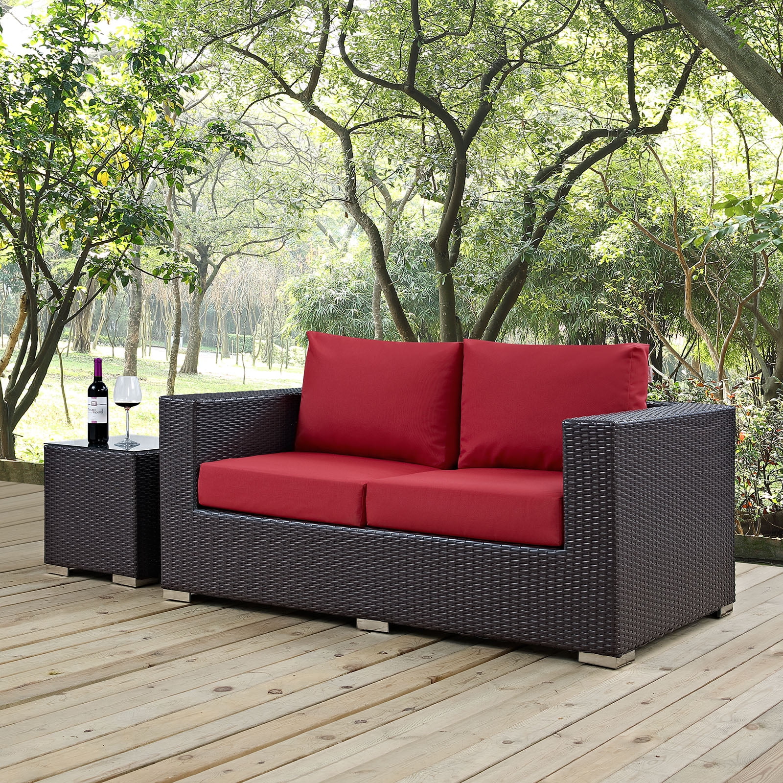 Espresso Red Wicker and Metal Outdoor Patio Loveseat