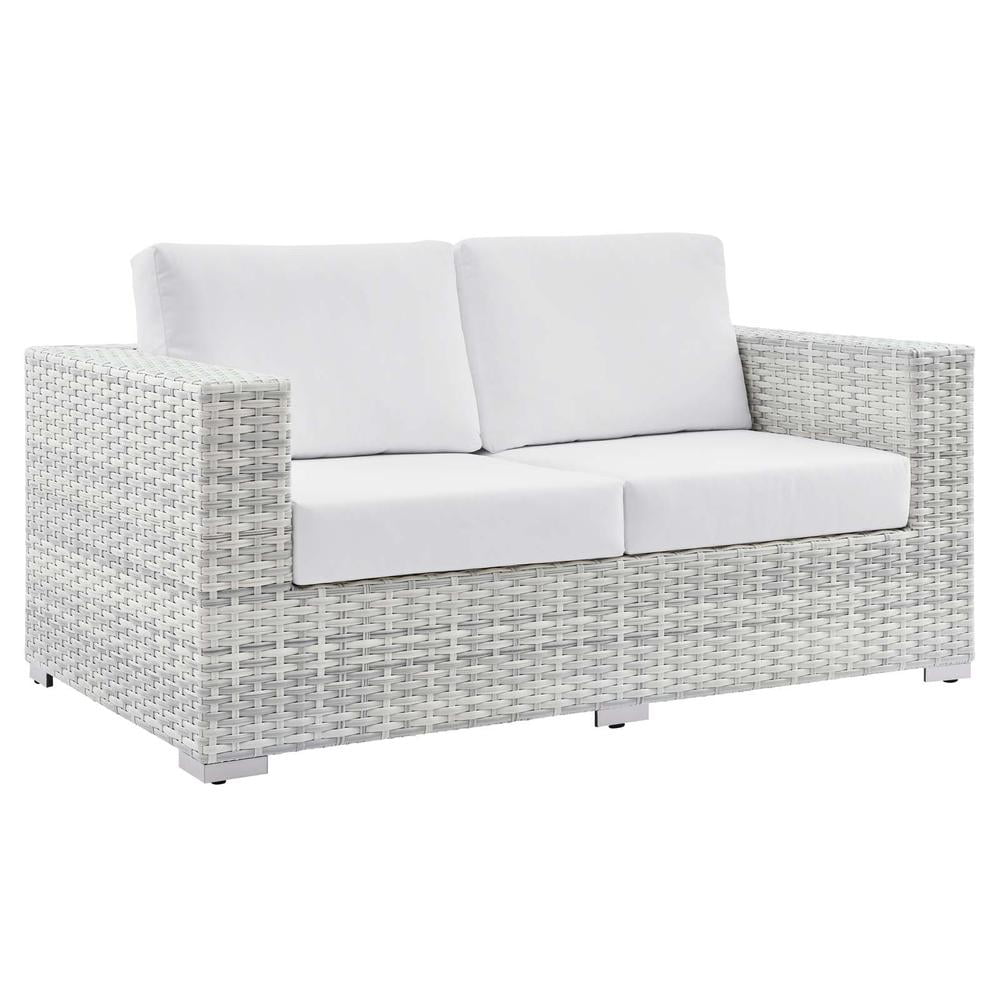 Light Gray White Wicker and Metal Outdoor Sectional Loveseat