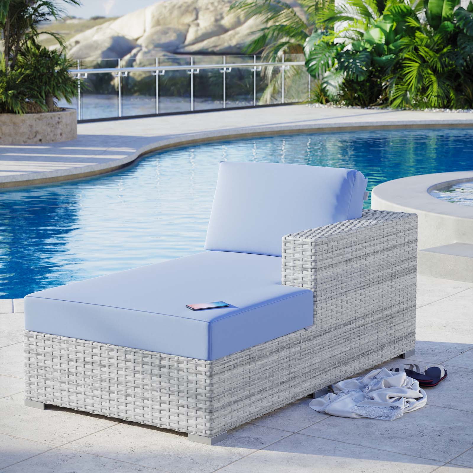 Modway Convene Rattan and Foam Patio Right Chaise in Light Gray/Light Blue