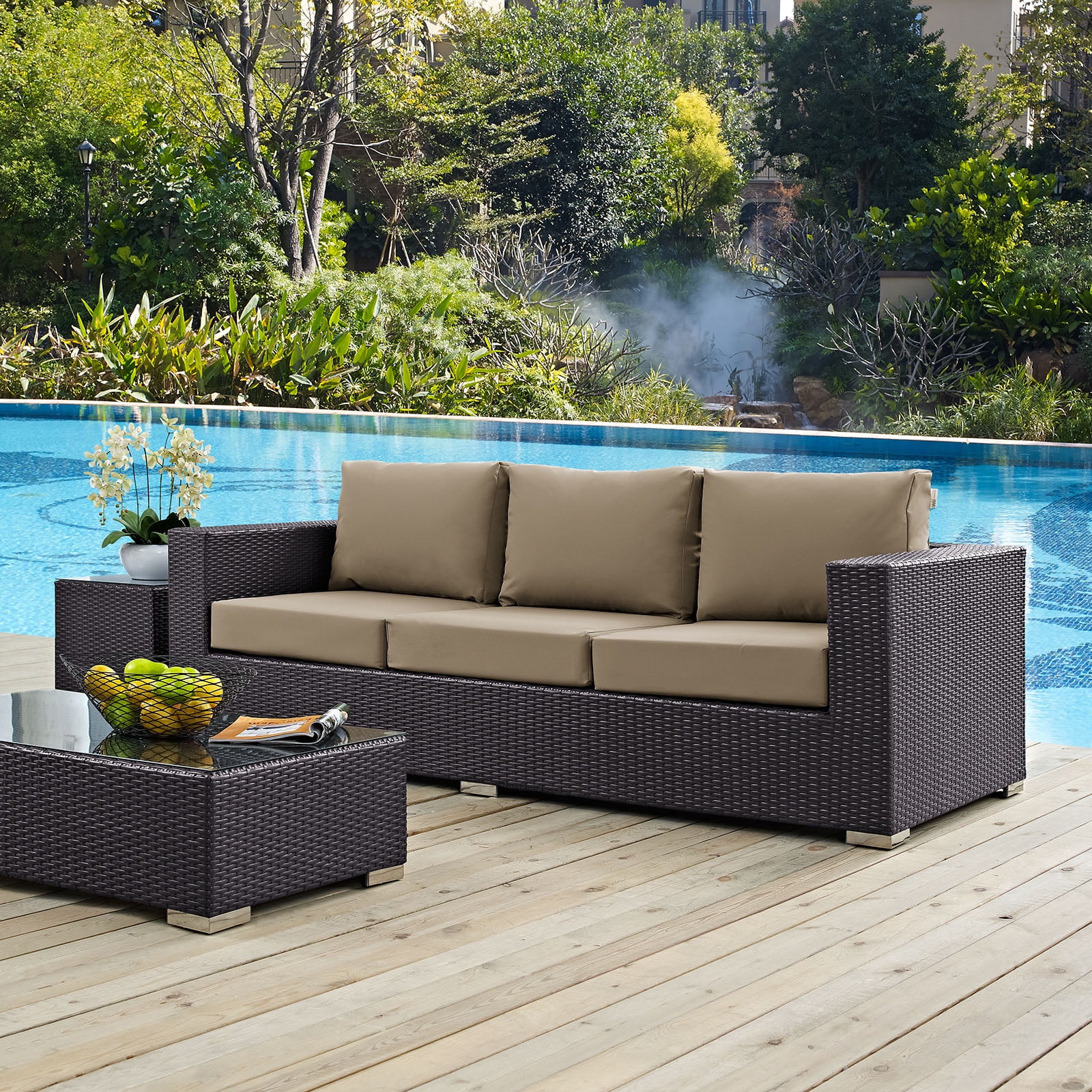 Espresso Mocha Wicker Rattan Outdoor Sectional Sofa