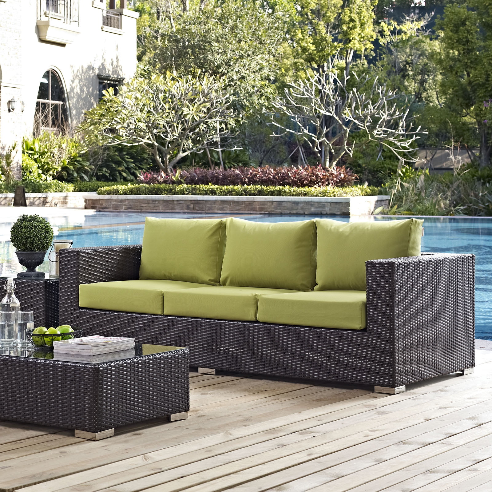 Espresso Peridot Wicker Rattan Three-Seat Outdoor Sectional Sofa