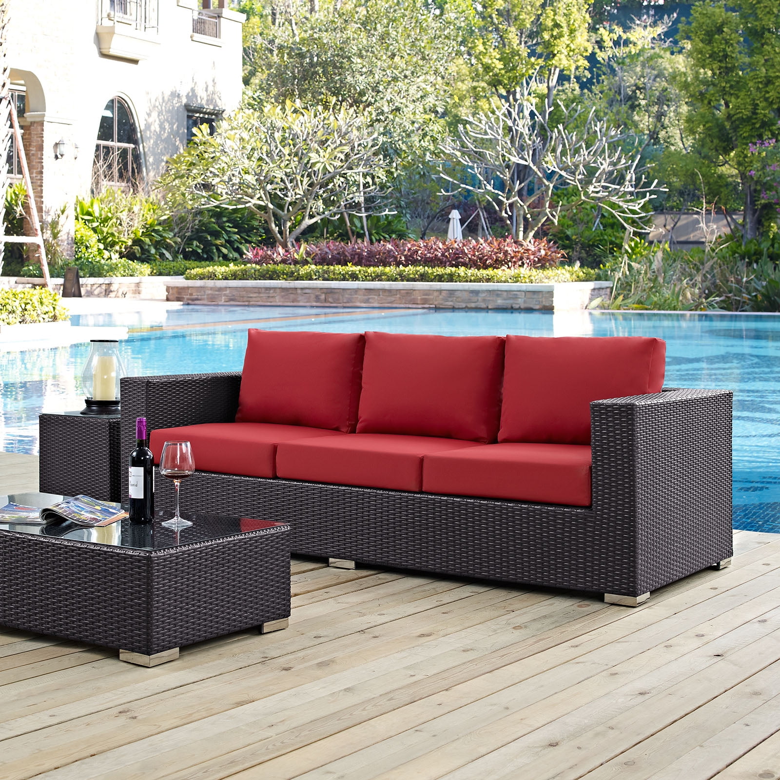 Espresso Wicker Rattan Three-Seat Outdoor Sectional Sofa with Red Cushions