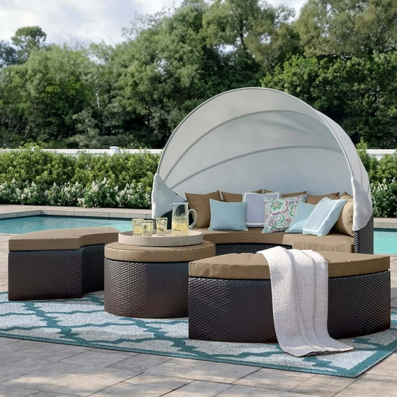 Modway Convene Canopy Aluminum and Rattan Patio Daybed in Mocha/Espresso