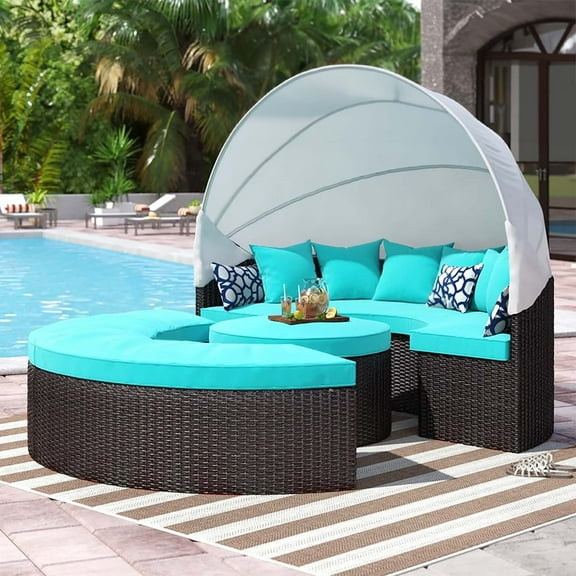 Modway Convene Outdoor Patio Wicker Rattan Canopy Sectional Daybed in Espresso Turquoise