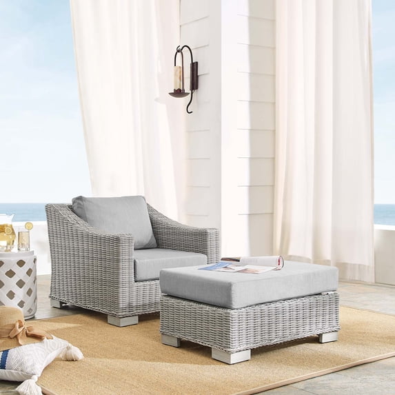 Modway Conway 2-Piece Fabric/Rattan Patio Armchair & Ottoman Set in Gray