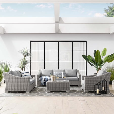Modway Conway 4-Piece Outdoor Patio Wicker Rattan Furniture Set in Light Gray Gray