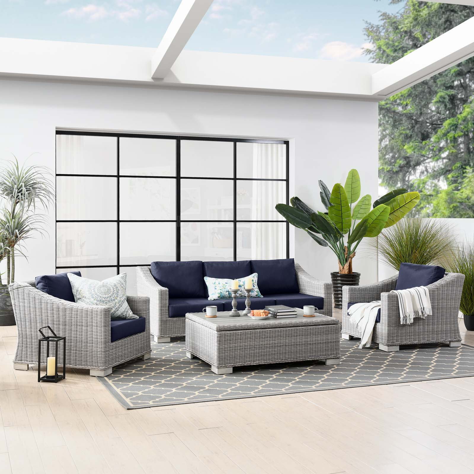 Conway Light Gray and Navy 4-Piece Outdoor Wicker Rattan Furniture Set