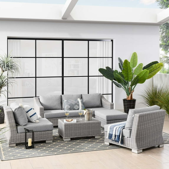 Modway Conway 5-Piece Outdoor Patio Wicker Rattan Furniture Set in Light Gray Gray