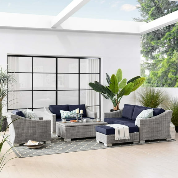 Modway Conway 5-Piece Outdoor Patio Wicker Rattan Furniture Set in Light Gray Navy