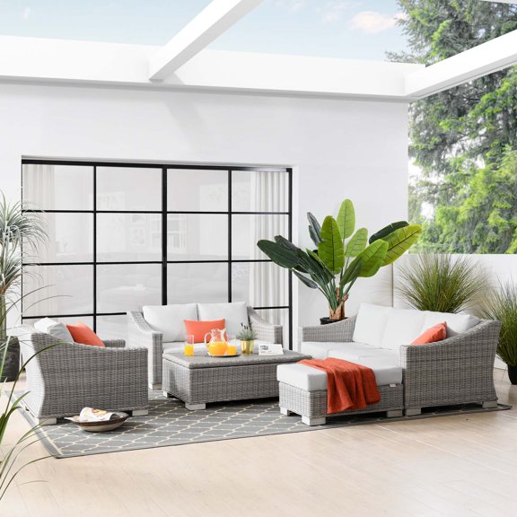 Modway Conway 5-Piece Outdoor Patio Wicker Rattan Furniture Set in Light Gray White